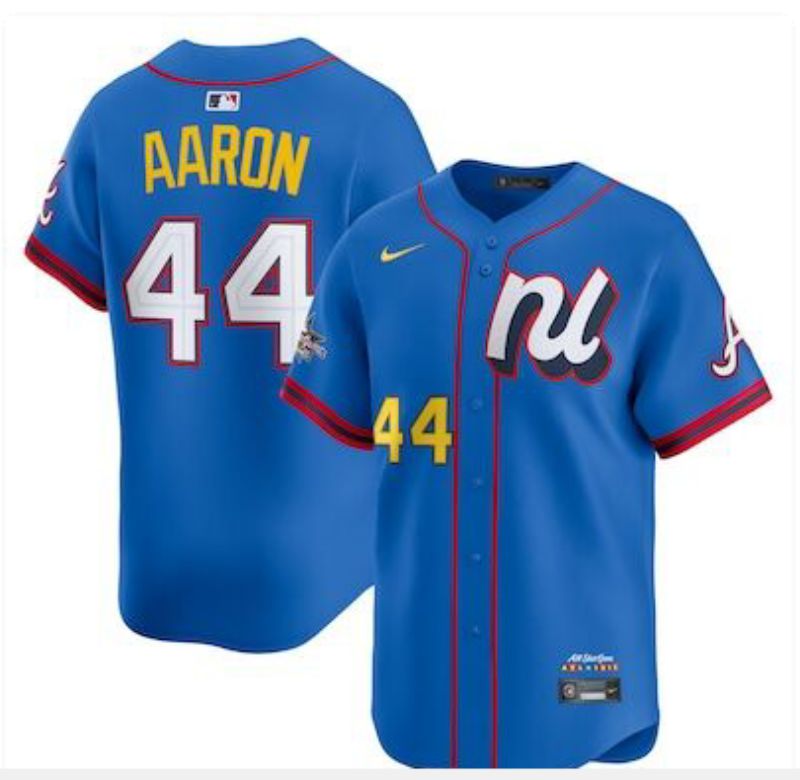 Men 2025 Atlanta Braves 44 Aaron Blue All star Nike MLB Jersey style 08